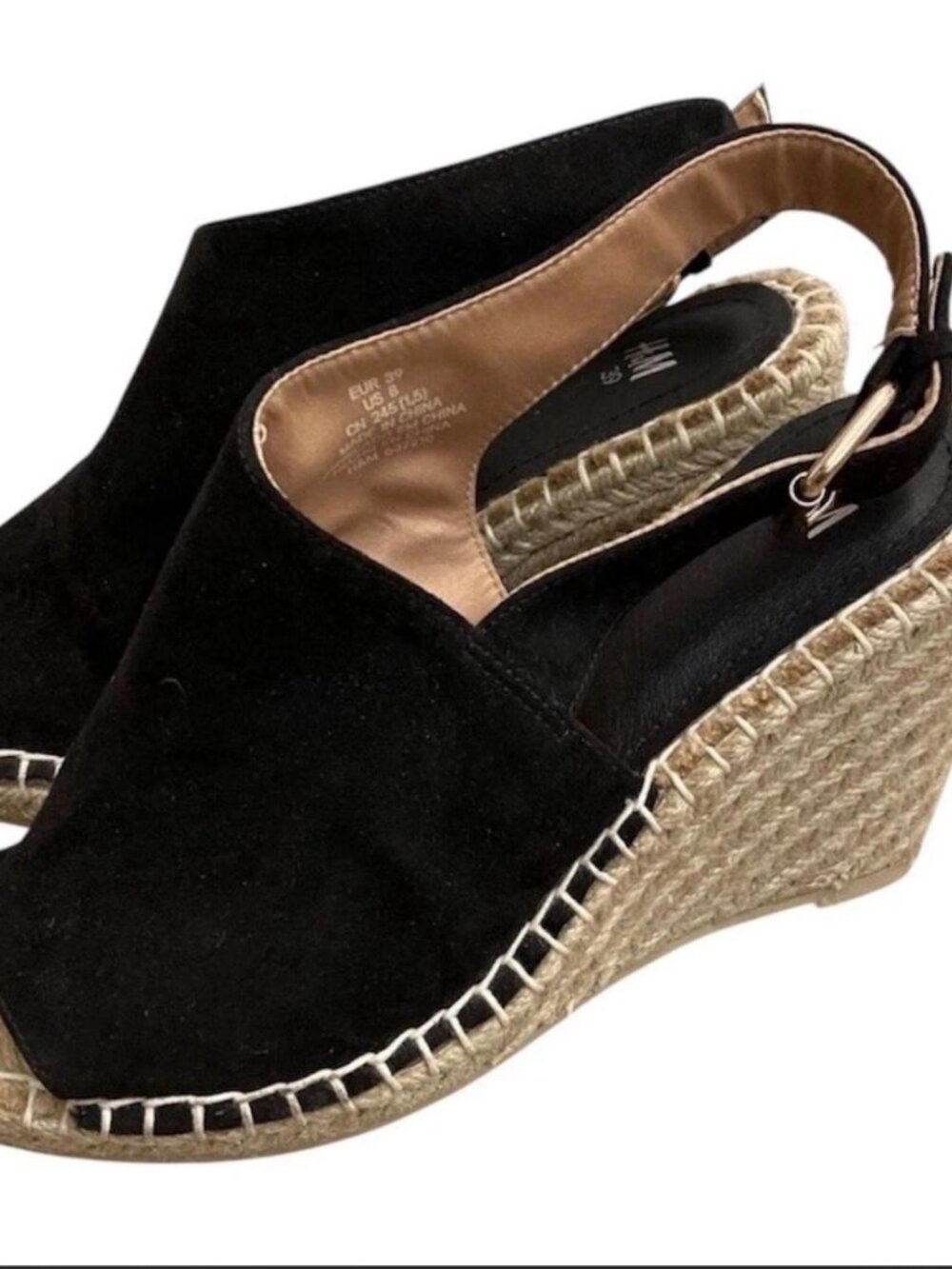 H&M Divided Black Faux Suede Wedge Sandals Gold Buckle Strappy